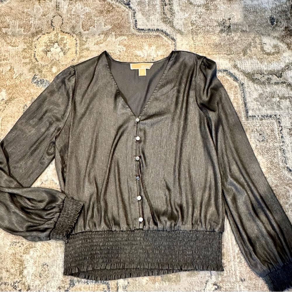 Michael Kors Shimmery Black V-Neck Button Front Blouse